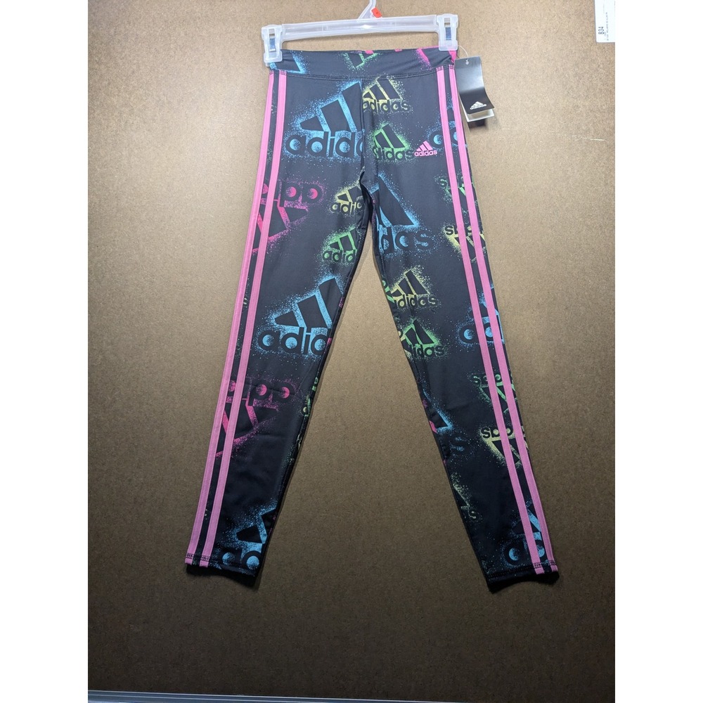 Adidas Girls M 10/12 Black Pink Spray Logo Leggings AK0346 Multi Color Tights